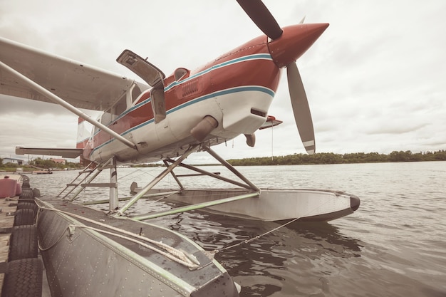 アラスカの湖のフロート水上機