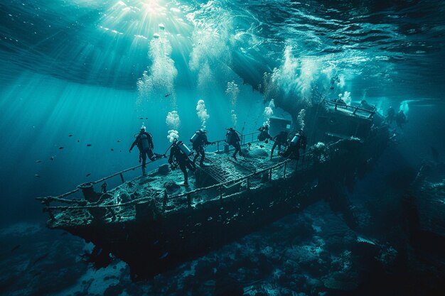 Foto flotta attraverso le acque selvagge dove i subacquei sfogano l'ai generativo