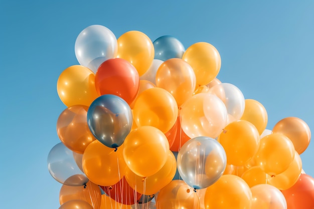 Float van kleurrijke ballonnen met een blauwe lucht