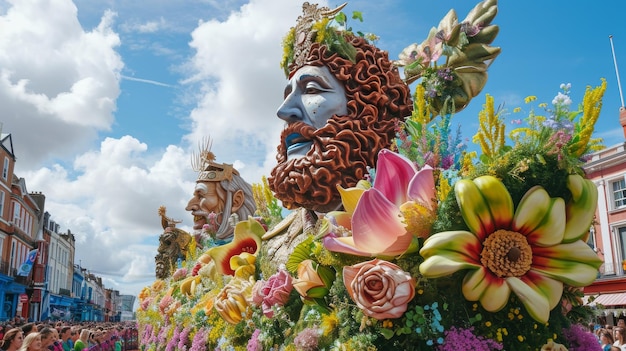 Foto float versierd met bloemen en beelden in een paradeoptocht op st. patrick's day