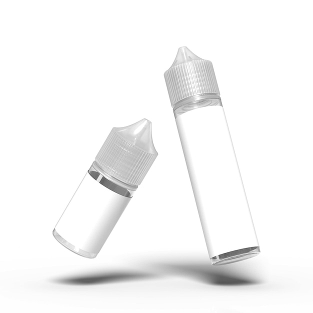 사진 부동 30ml 및 60ml 통통한 고릴라 유니콘 vape 주스 병 흰색 배경 3d 렌더링 그림에 격리된 모형용 흰색 레이블이 있습니다.