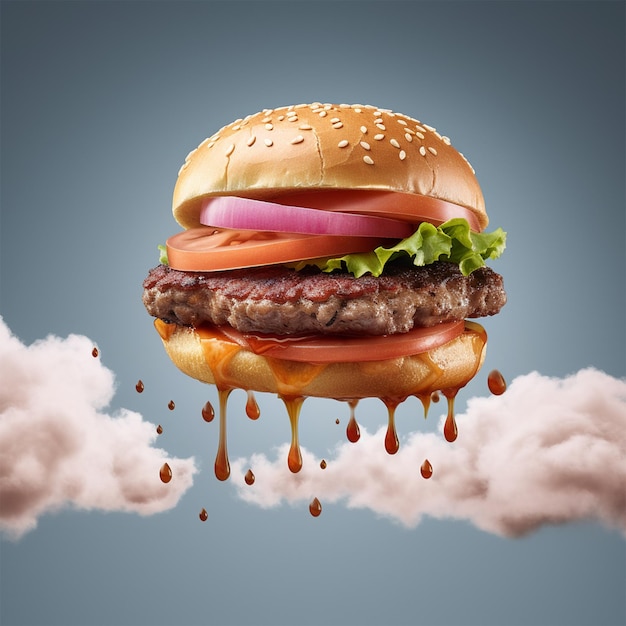 Photo floating american hamburger on white background food advertising