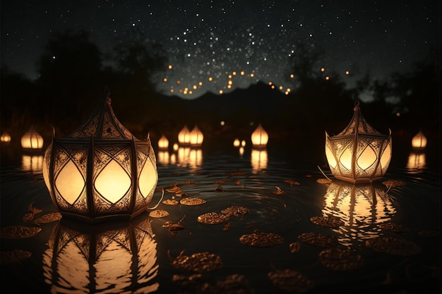 Floating asian lanterns in ChiangMai wide angle