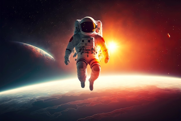 写真 惑星と昇る太陽を背景に浮かぶ宇宙飛行士