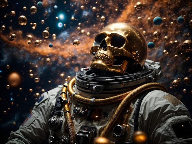 宇宙の銀河や星雲に囲まれた 宇宙飛行士の頭蓋骨が浮いている
