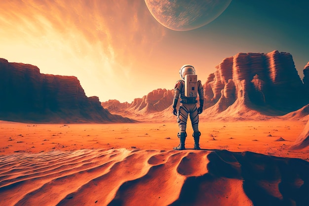 写真 未踏の銀河の惑星の砂漠を歩く浮遊宇宙飛行士