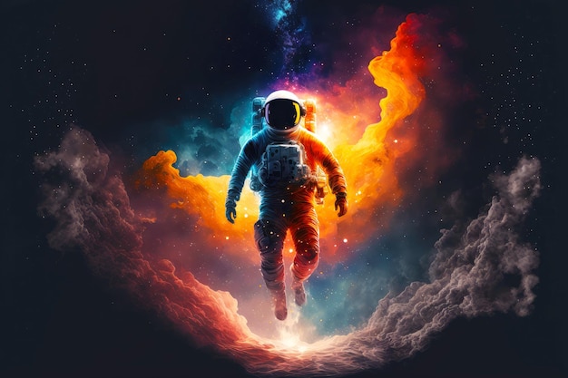 星雲と星を背景に e を通して手を振る浮遊宇宙飛行士