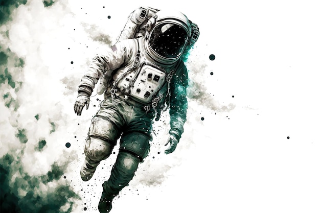 Floating astronaut in white suit and helmet on white background