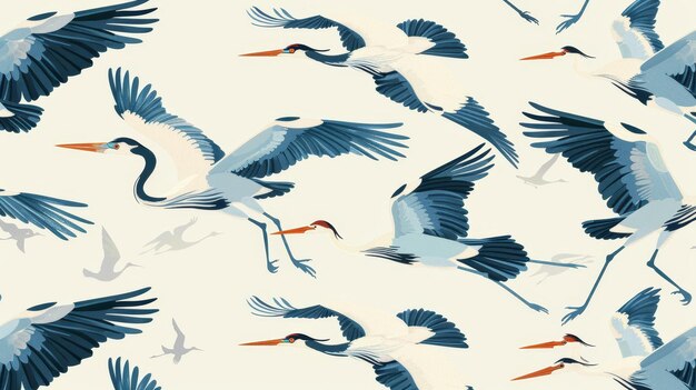 Floating birds flock seamless pattern design Herons cranes in sky endless nature background texture repeat prints for textiles fabrics wallpapers and wrapping