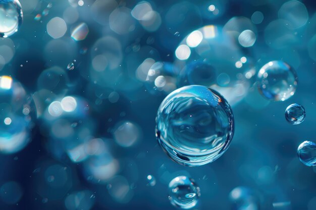Floating blue bubbles in transparent liquid resembling hyaluronic acid