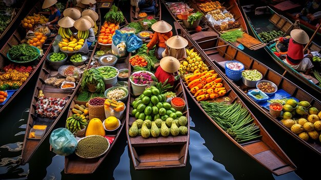 Photo floating boats in the market of hoi an in vietnam