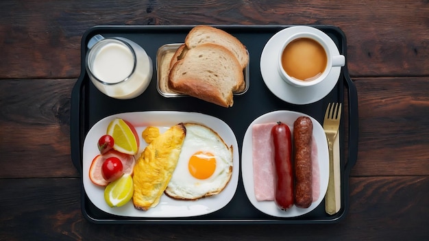 Floating breakfast set in tray with fried egg omelette sausage ham bread fruit milk juice coffee