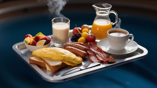 Floating breakfast set in tray with fried egg omelette sausage ham bread fruit milk juice coffee