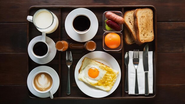 Floating breakfast set in tray with fried egg omelette sausage ham bread fruit milk juice coffee