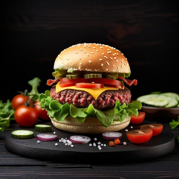 黒い木製の背景に浮かぶハンバーガー