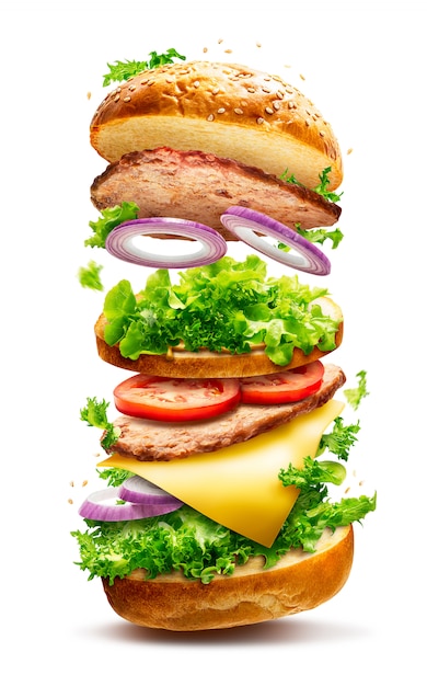 Photo floating burger isolated