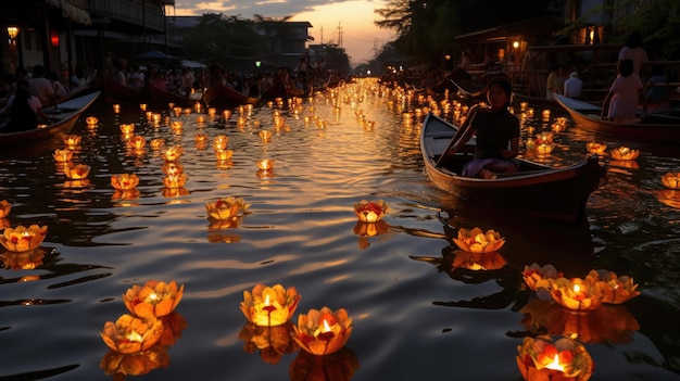 floating candles are lit on the water in a boat.