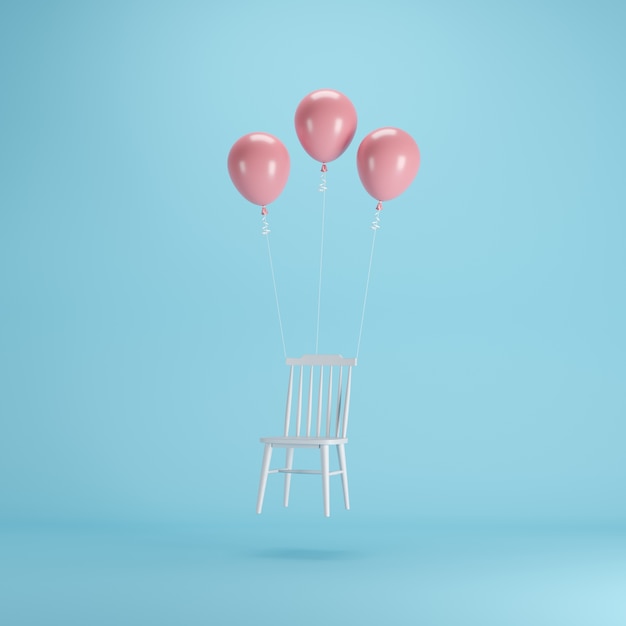 Floating Chair with pink balloons on blue background.