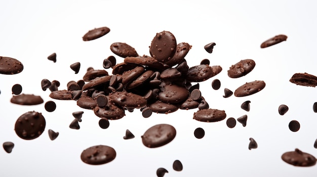 Photo floating chocolate chips frozen in motion on a white background