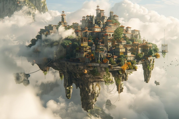 Floating city in the clouds inhabited by a diverse