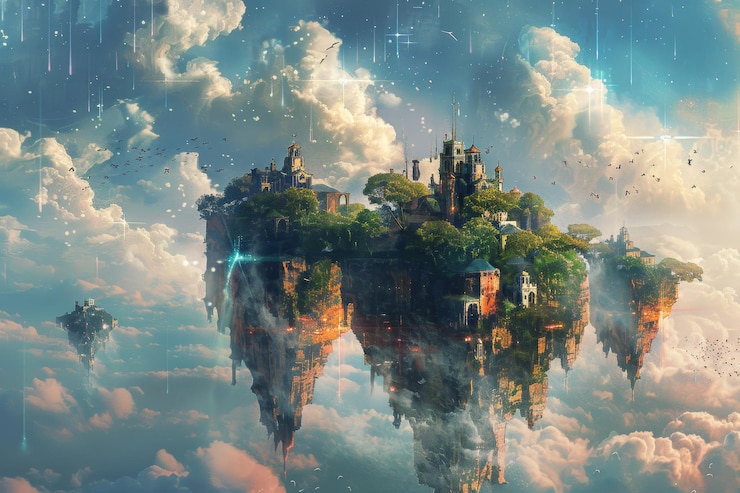 Photo floating city in the clouds