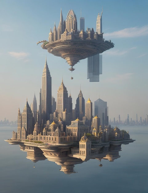 建物が空中に浮いている空に浮かぶ都市