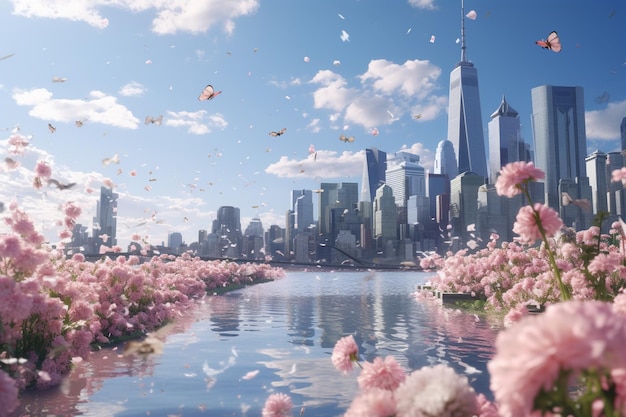 Floating cityscape with airborne blossoms