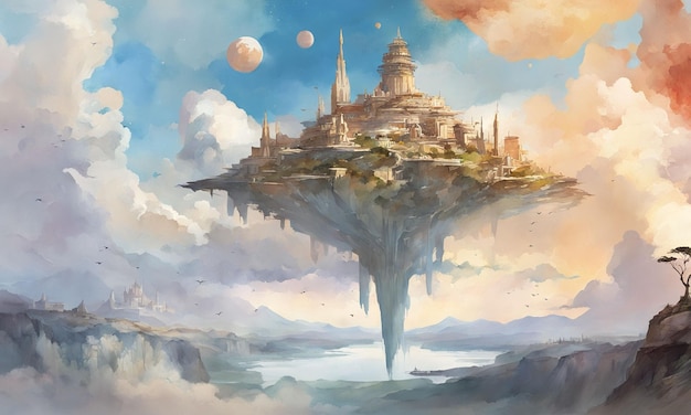 Floating civilization in the sky Water Color