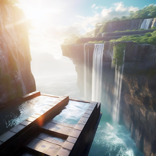 Foto terrazza galleggiante in cielo con vista sulla cascata