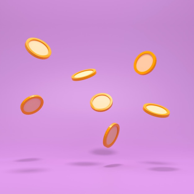 Floating coins on a purple background Cashback and money saving concept 3d render illustration