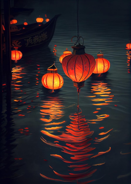 Floating colored lanterns with boat on river AI Generated