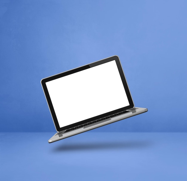 Floating computer laptop isolated on blue Square background