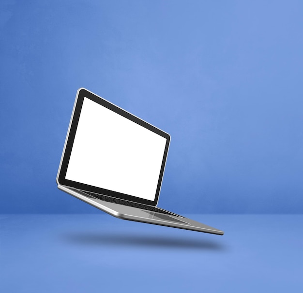 Floating computer laptop isolated on blue Square background