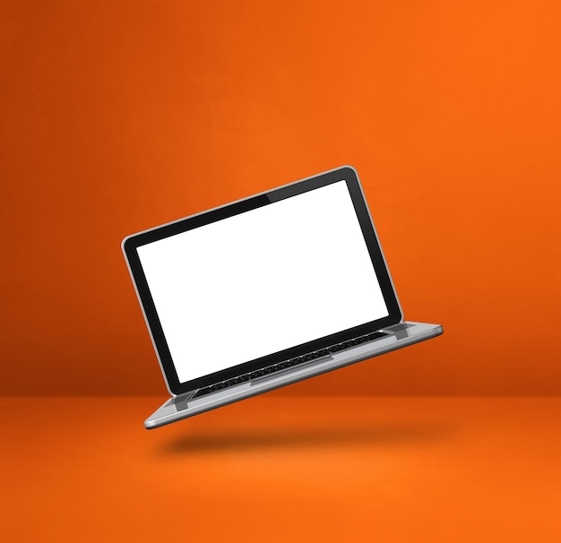 Floating computer laptop isolated on orange Square background