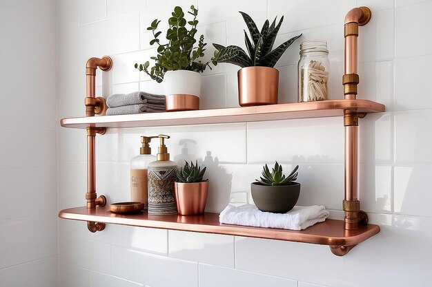 Photo floating copper pipe shelves in a boho bathroom