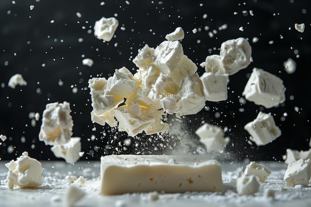 Photo floating crumbled cheese in motion with dark background for culinary and food