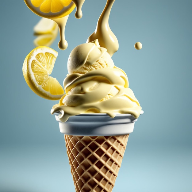 Плавающий вкусный лимонный мороженое конус - это летнее удовольствие, которое одновременно освежает и удовлетворяет
