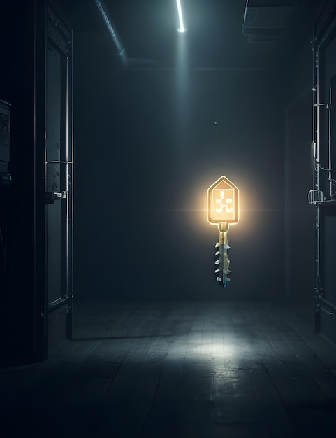 A floating digital key shining bright in a dark room