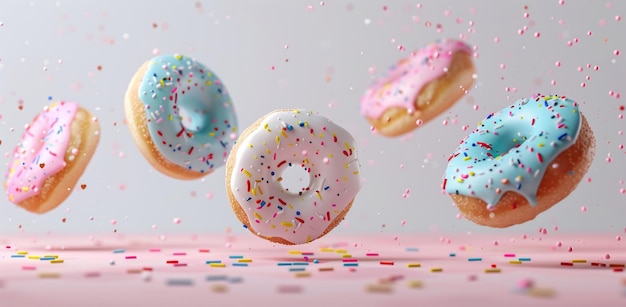 Плавающие пончики с красочной глазурью и посыпаниями, запечатленные в воздухе на пастельном фоне, излучающие игривую и аппетитную атмосферу