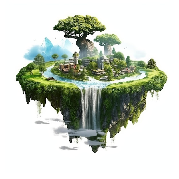Floating fantasy island with blue ocean and waterfalls green grass surface trees
