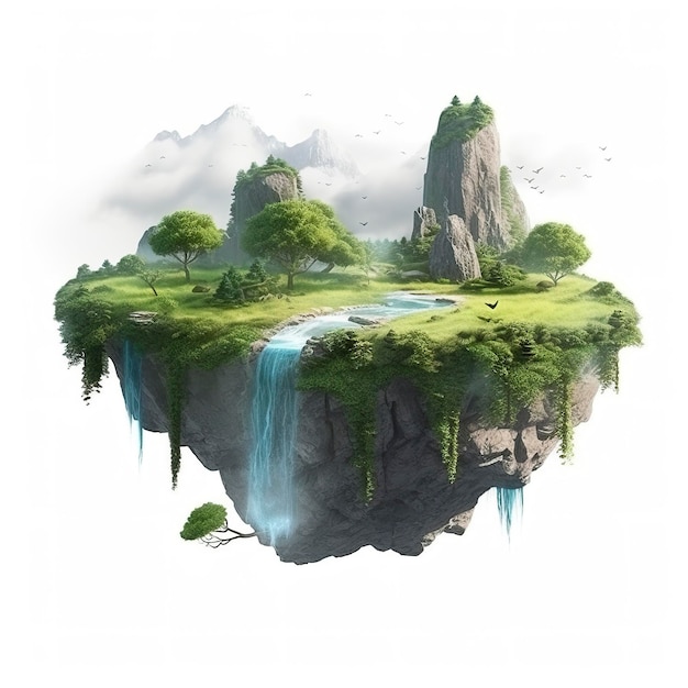 Floating fantasy island with waterfall and green grass and trees mountains heaven touch on flying piece of land clouds isolated on white background generat ai