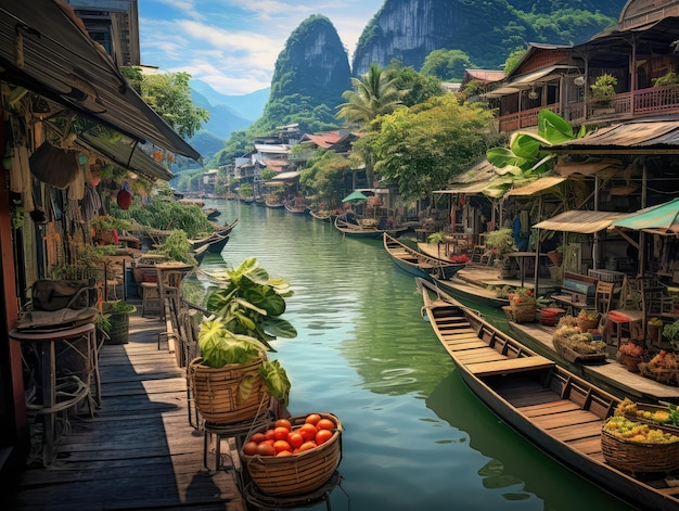 Floating Food Market Asian Floating Market Traditional Thailand Culture Fruits and Vegetables