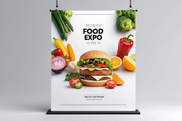Photo floating food tech expo banner mockup with blank white empty space for placing your design