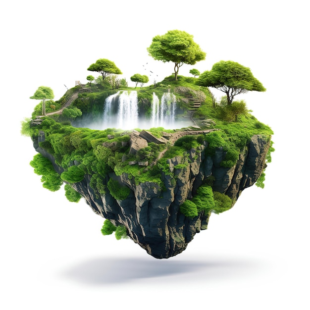 Floating forest island isolated with clouds Fantasy island with greenery and river with waterfall