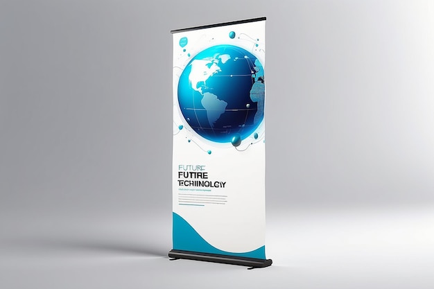 Photo floating future technology fair banner mockup with blank white empty space for placing your design