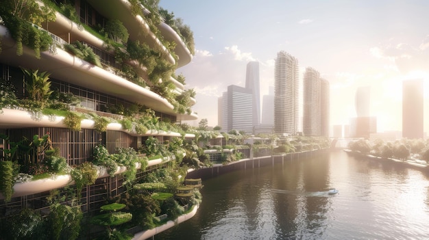 Floating gardens hover above the city providing a burst of greenery in the concrete jungle AI generated illustration