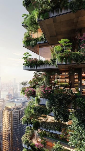 Floating gardens hover above the city providing a burst of greenery in the concrete jungle AI generated illustration