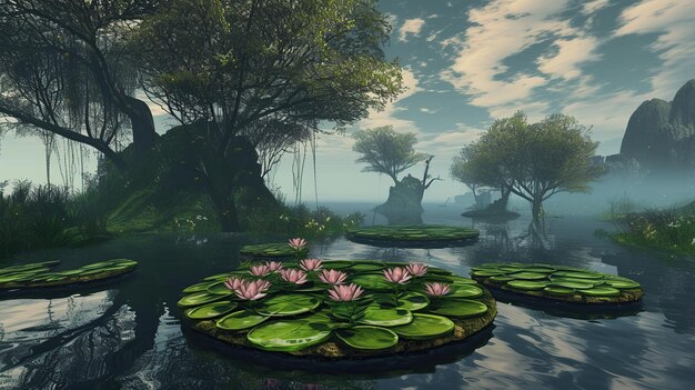 Фото Плавучие сады спокойствия цветущий лотос в летнем пруду с зелеными листьями ai generative