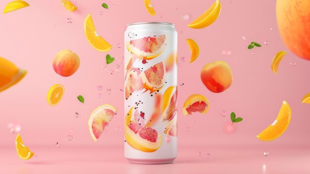 Floating geometric peach and fruit slices on top of a sparkling water can in a 3D illustration