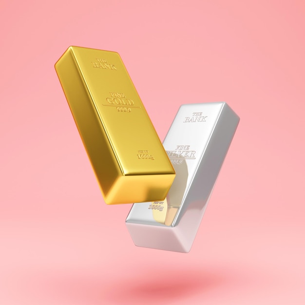 Floating Golden and Silver Bars on pink studio background